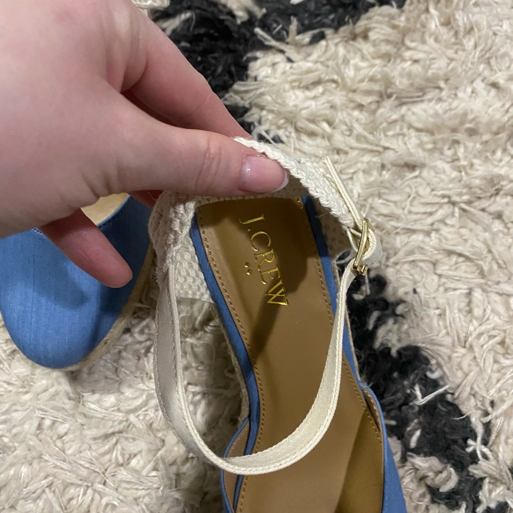 J.Crew Blue and Cream Knit Ankle Strap Espadrille Platform Wedges - Picture 10 of 10